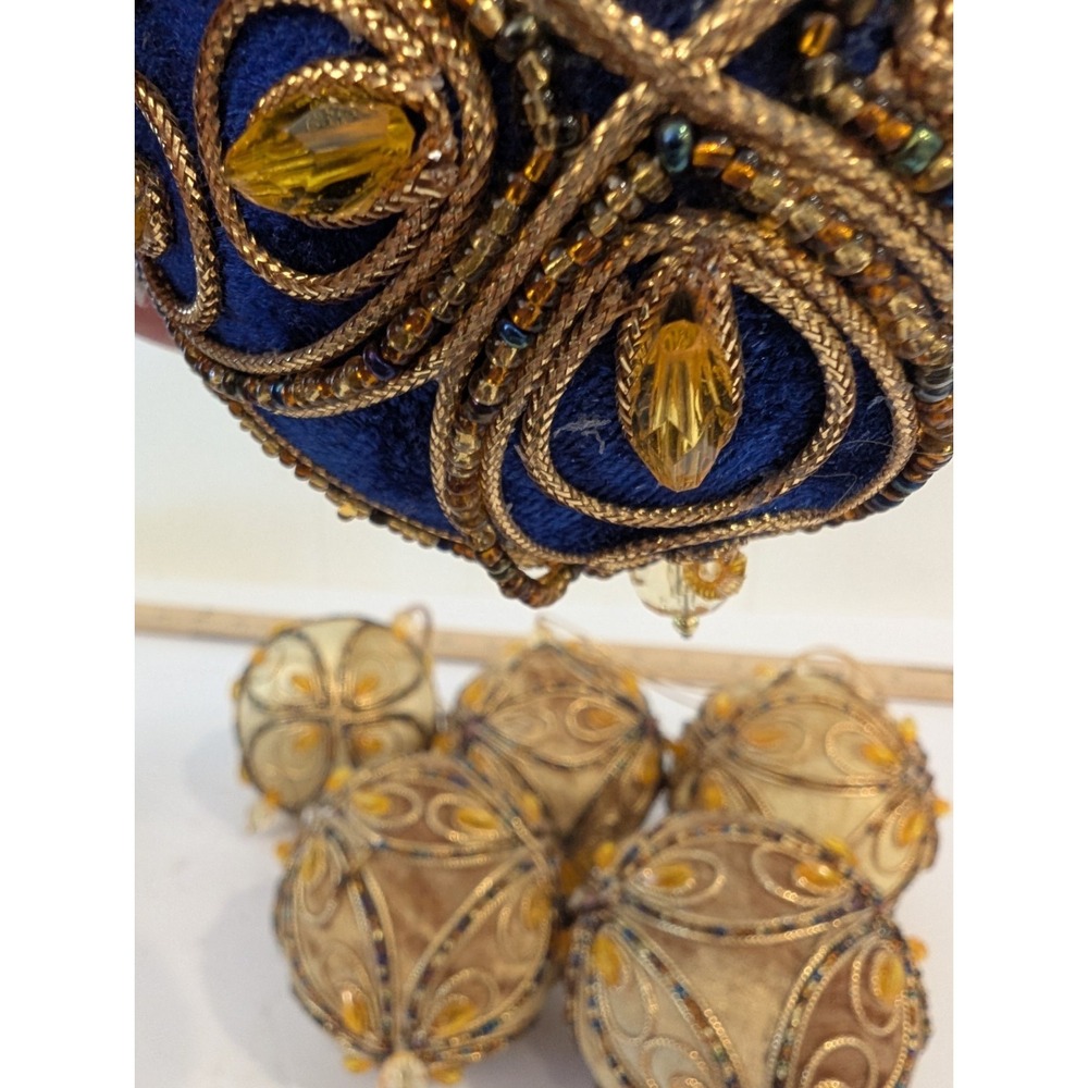 Lot 9 Blue Gold Velvet PUSH PIN Christmas Ornaments Beaded Trim MCM Vintage - Picture 13 of 16